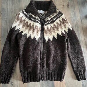 Men's Viking Iceland Scandinavian Brown & Tan Pattern Wool Cardigan Size Large